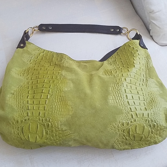Large Suede and leather green hobo bag - Picture 1 of 5